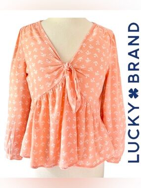 Lucky Brand Peach Floral Tie Front Blouse Boho Gauzy Long Sleeve Top Lightweight